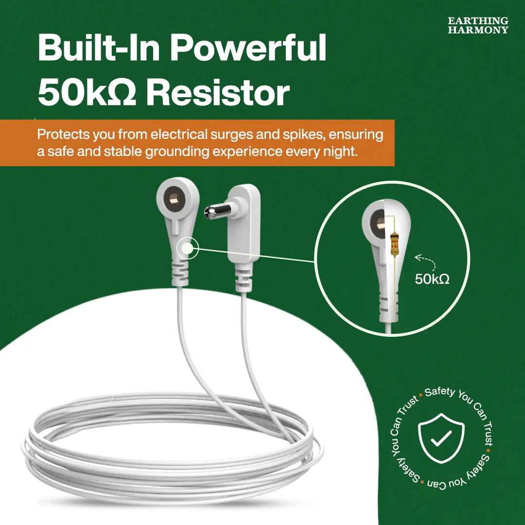 Grounding Cord with 50k ohm resistor on a green background, featuring Earthing Harmony branding