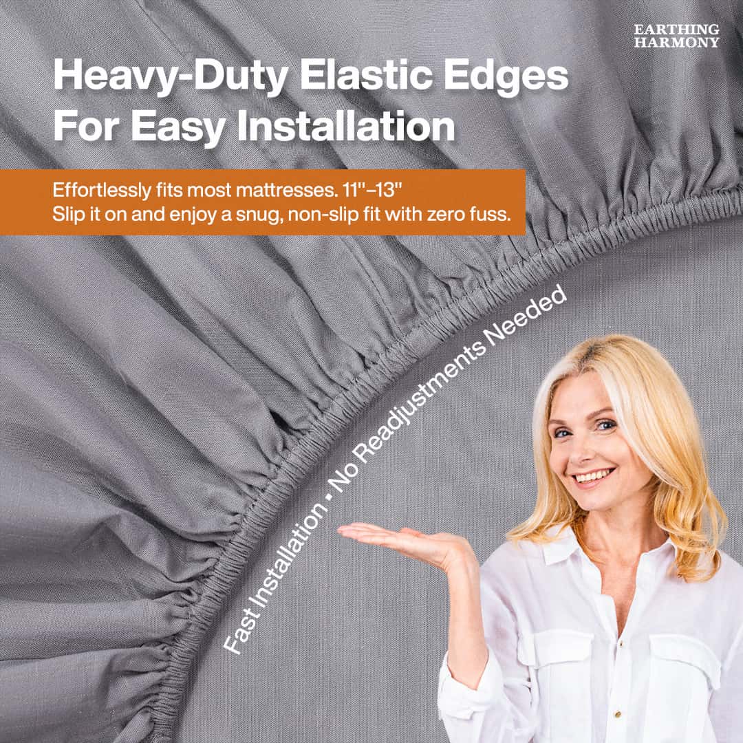 Gray grounding sheets cover with text about heavy-duty elastic edges and a woman demonstrating ease of use