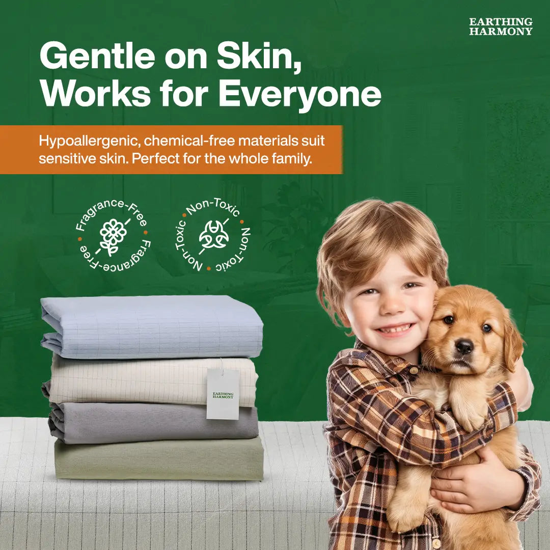 Child holding a puppy with folded bedding and Earthing Harmony branding on a green background