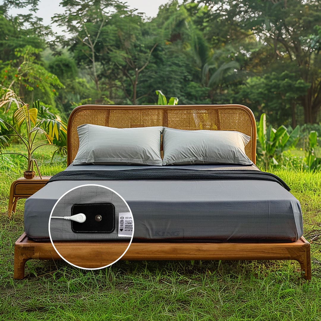 premium grounding bed sheets - Gray grounding sheets on a wooden bed set in a natural outdoor setting, human body, 