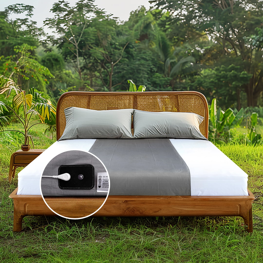 premium grounding bed sheets - Gray grounding sheets arranged on a rustic wooden bed outdoors, human body, autoimmune diseases