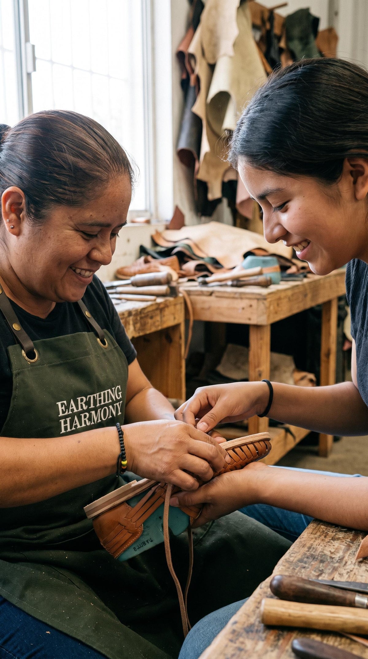 Two Earthing Harmony artisans weaving leather huaraches by hand in Mexico