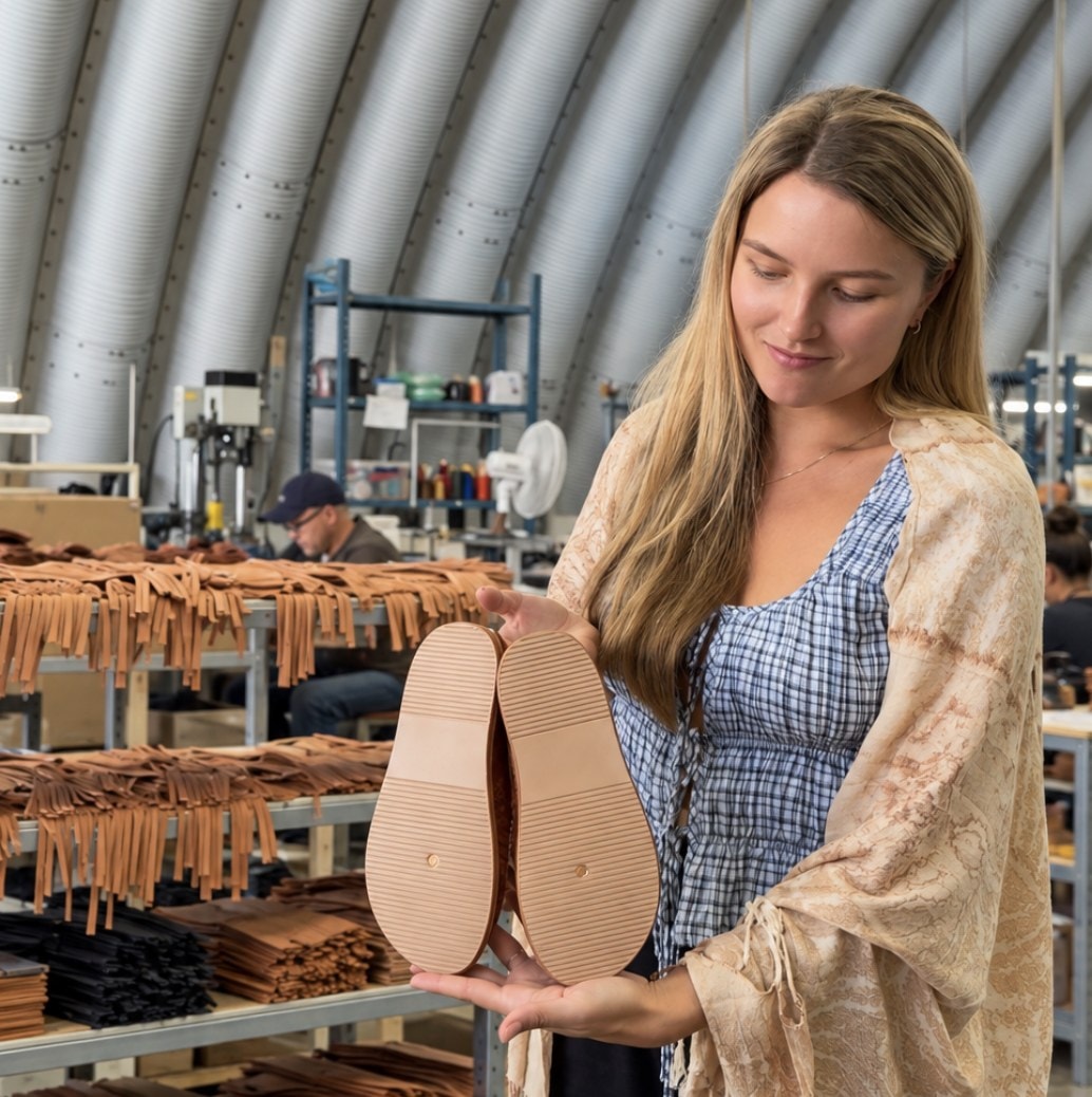 Laura, product development at Earthing Harmony, inspecting a leather sole